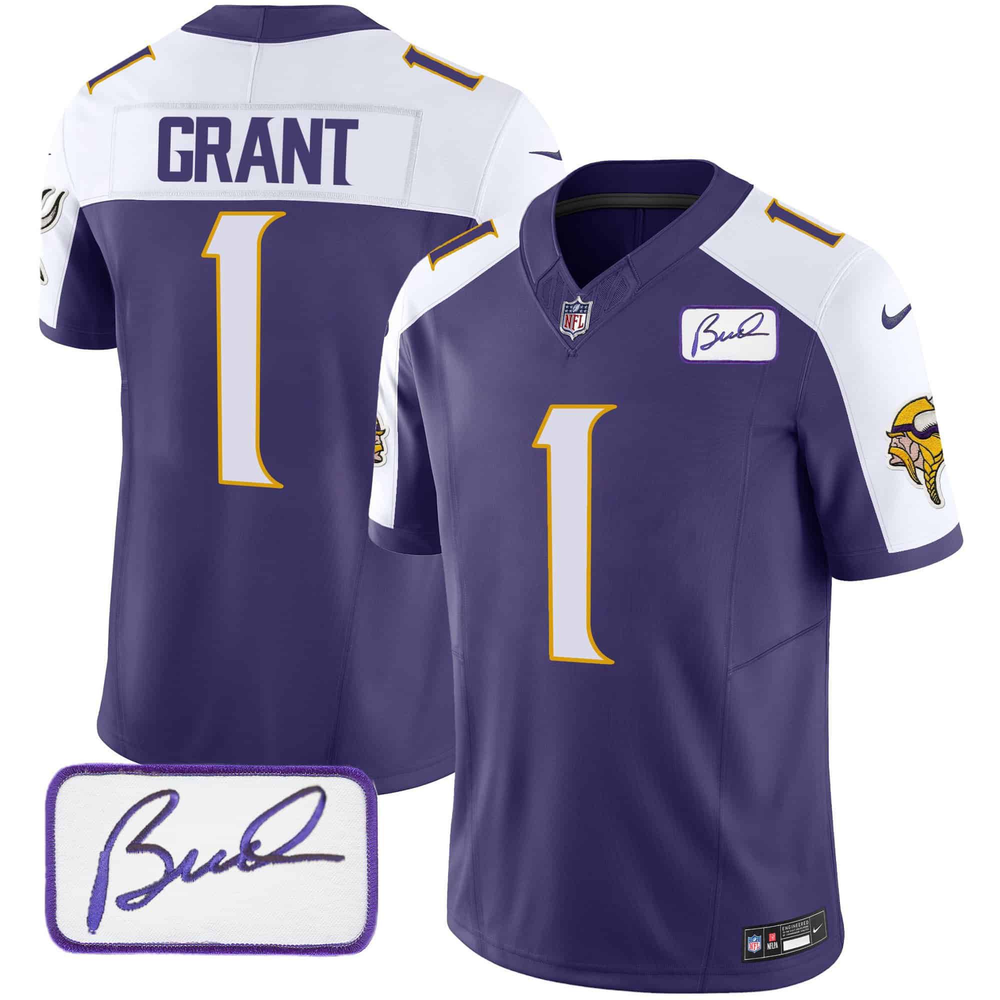 Men Minnesota Vikings #1 Grant Purple 2024 Nike Bud Grant Patch Classic Limited NFL Jersey style 2